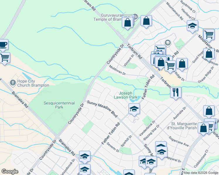 map of restaurants, bars, coffee shops, grocery stores, and more near 26 Finlayson Crescent in Brampton