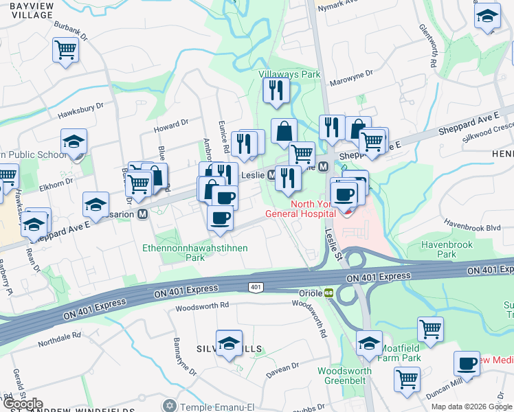 map of restaurants, bars, coffee shops, grocery stores, and more near 33 Singer Court in Toronto