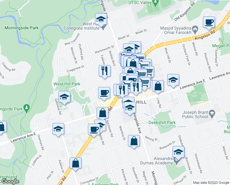map of restaurants, bars, coffee shops, grocery stores, and more near 4473 Kingston Road in Toronto