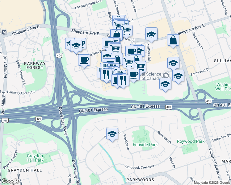 map of restaurants, bars, coffee shops, grocery stores, and more near 243 Consumers Road in Toronto