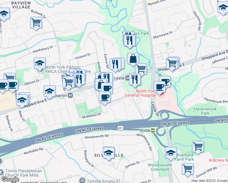 map of restaurants, bars, coffee shops, grocery stores, and more near 25 Singer Court in Toronto