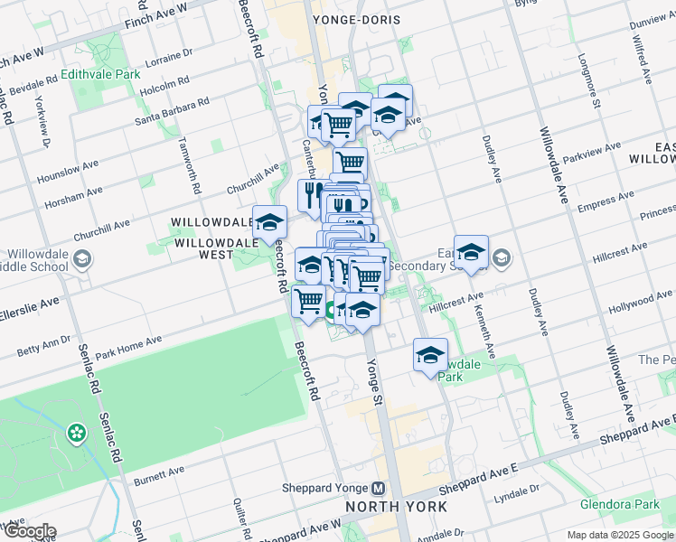 map of restaurants, bars, coffee shops, grocery stores, and more near 5162 Yonge Street in Toronto
