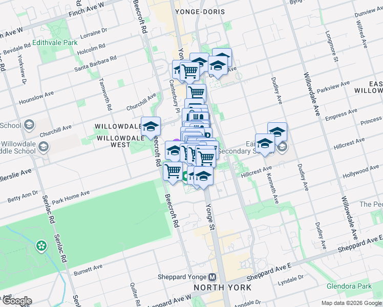 map of restaurants, bars, coffee shops, grocery stores, and more near 5162 Yonge Street in Toronto