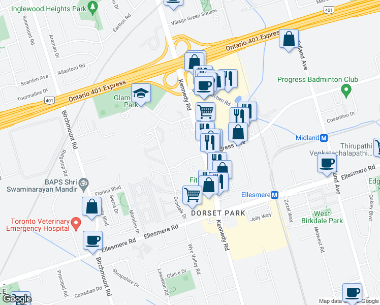 map of restaurants, bars, coffee shops, grocery stores, and more near in Toronto