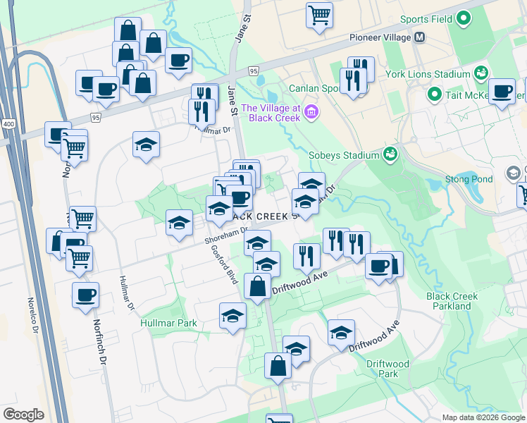 map of restaurants, bars, coffee shops, grocery stores, and more near in Toronto