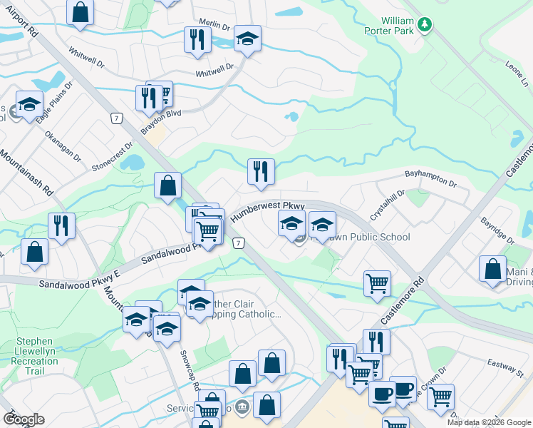 map of restaurants, bars, coffee shops, grocery stores, and more near 50 Hollowgrove Boulevard in Brampton