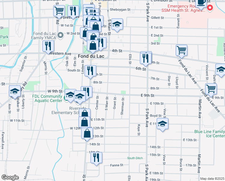 map of restaurants, bars, coffee shops, grocery stores, and more near 70 8th Street in Fond du Lac
