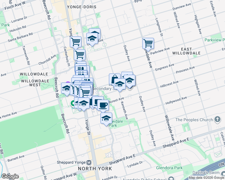 map of restaurants, bars, coffee shops, grocery stores, and more near 86 Princess Avenue in Toronto