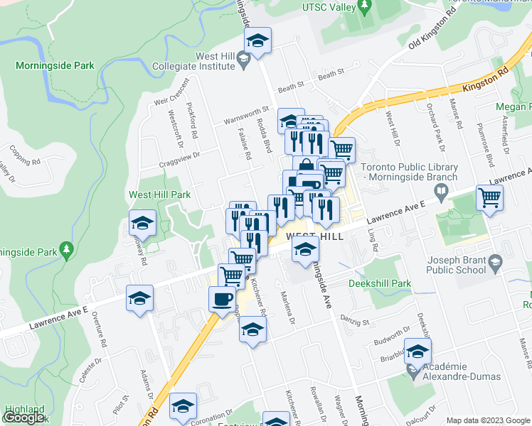 map of restaurants, bars, coffee shops, grocery stores, and more near 11 Falaise Road in Toronto