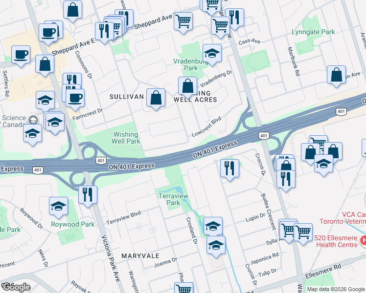 map of restaurants, bars, coffee shops, grocery stores, and more near 60 Wishing Well Drive in Toronto
