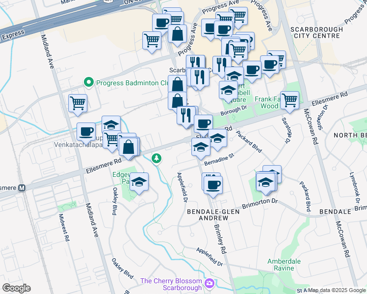 map of restaurants, bars, coffee shops, grocery stores, and more near in Toronto