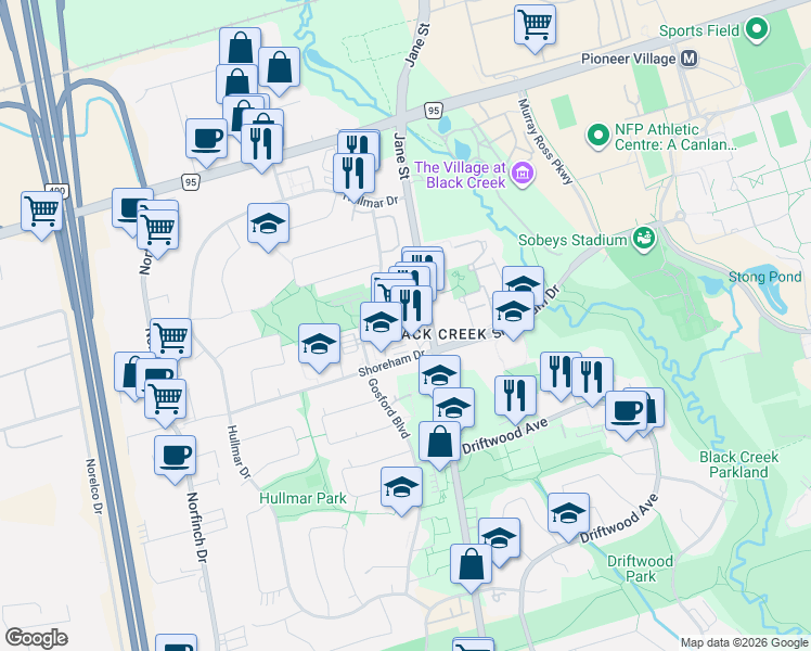 map of restaurants, bars, coffee shops, grocery stores, and more near 4722 Jane Street in Toronto