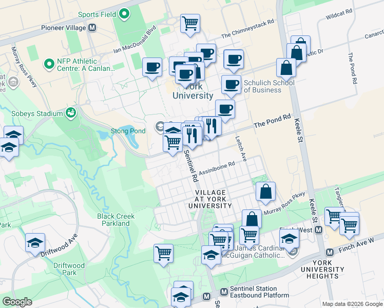 map of restaurants, bars, coffee shops, grocery stores, and more near 105 The Pond Road in Toronto