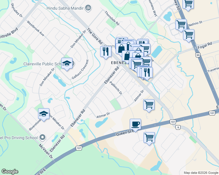map of restaurants, bars, coffee shops, grocery stores, and more near 6 Palleschi Drive in Brampton