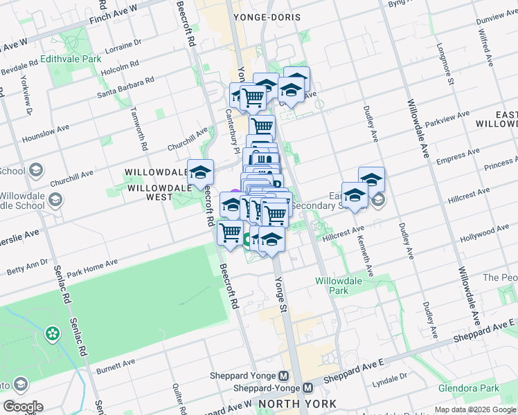 map of restaurants, bars, coffee shops, grocery stores, and more near 5211 Yonge Street in Toronto