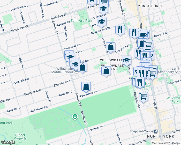 map of restaurants, bars, coffee shops, grocery stores, and more near in Toronto