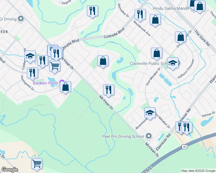 map of restaurants, bars, coffee shops, grocery stores, and more near 2 Vintonridge Drive in Brampton