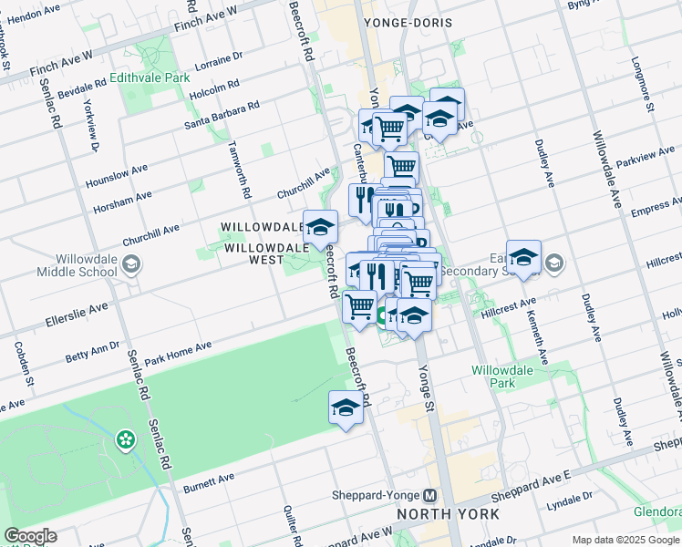 map of restaurants, bars, coffee shops, grocery stores, and more near 233 Beecroft Road in Toronto