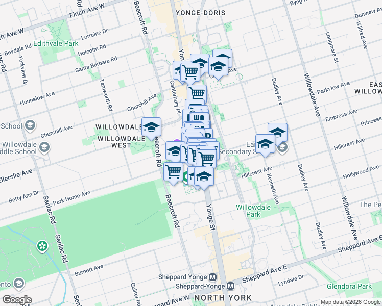 map of restaurants, bars, coffee shops, grocery stores, and more near 5162 Yonge Street in Toronto