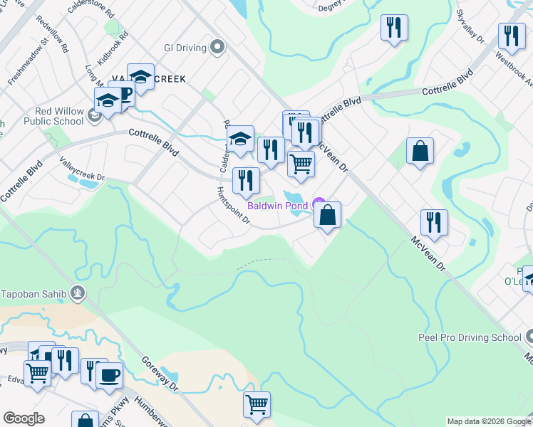 map of restaurants, bars, coffee shops, grocery stores, and more near 105 Watchman Road in Brampton