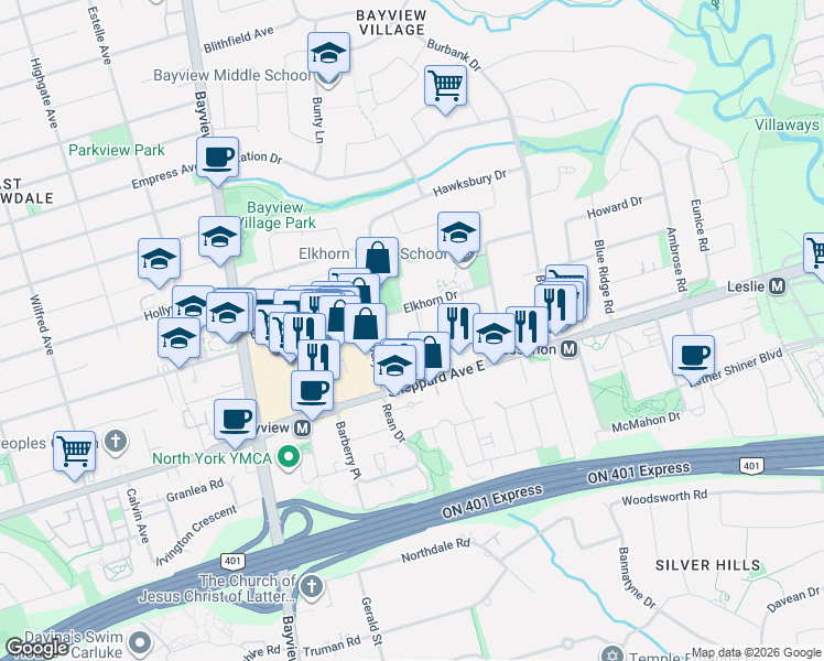 map of restaurants, bars, coffee shops, grocery stores, and more near 27 Elkhorn Drive in Toronto