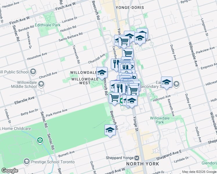 map of restaurants, bars, coffee shops, grocery stores, and more near 233 Beecroft Road in Toronto