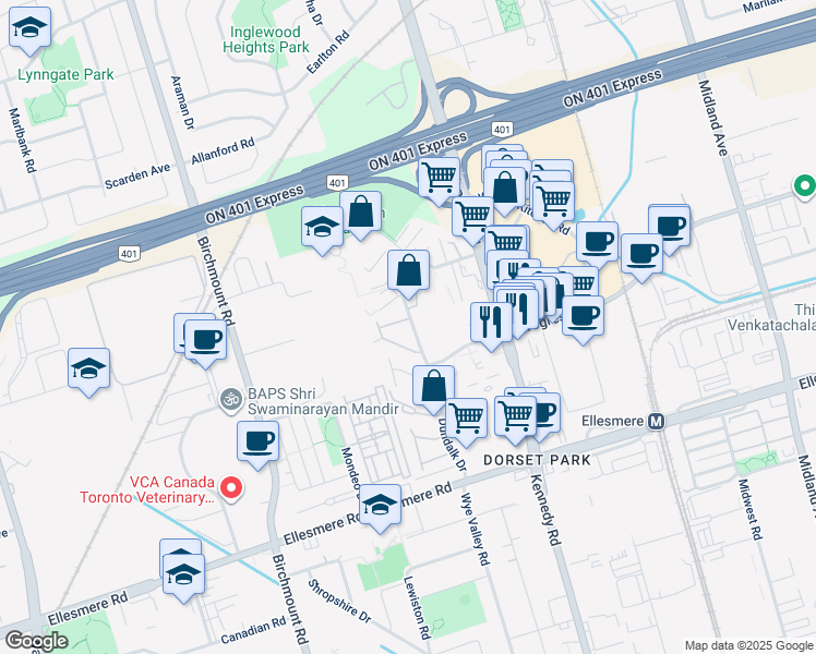 map of restaurants, bars, coffee shops, grocery stores, and more near in Toronto