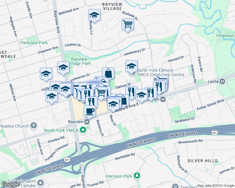 map of restaurants, bars, coffee shops, grocery stores, and more near 670 Sheppard Avenue East in Toronto