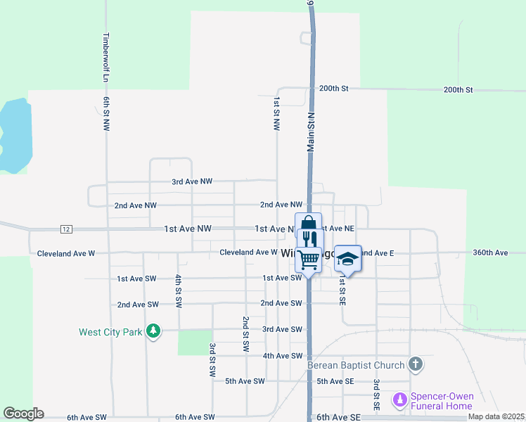 map of restaurants, bars, coffee shops, grocery stores, and more near 106 2nd Avenue Northwest in Winnebago