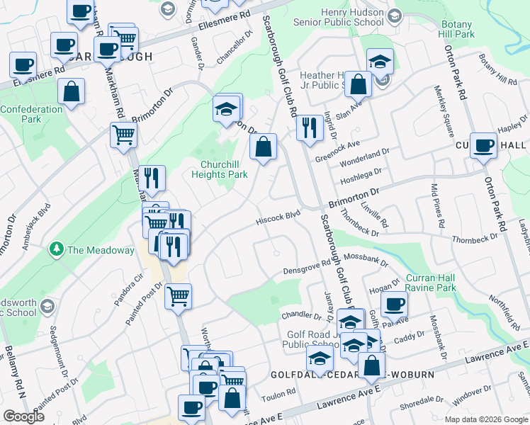 map of restaurants, bars, coffee shops, grocery stores, and more near 17 Barlow Road in Toronto
