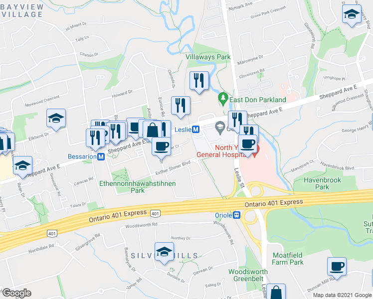 map of restaurants, bars, coffee shops, grocery stores, and more near 33 Singer Court in Toronto