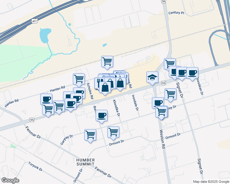 map of restaurants, bars, coffee shops, grocery stores, and more near 201-4000 Steeles Avenue West in Vaughan