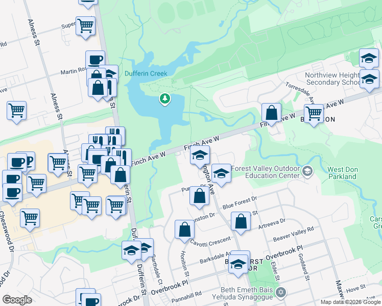 map of restaurants, bars, coffee shops, grocery stores, and more near 711 Finch Avenue West in Toronto