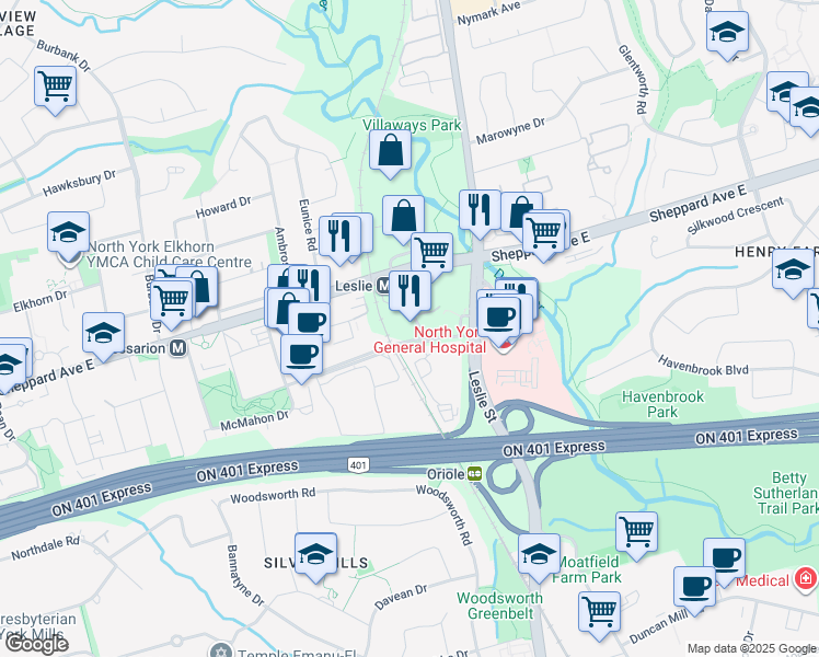map of restaurants, bars, coffee shops, grocery stores, and more near 2756 Old Leslie Street in Toronto