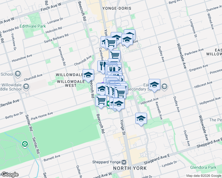 map of restaurants, bars, coffee shops, grocery stores, and more near 5168 Yonge Street in Toronto