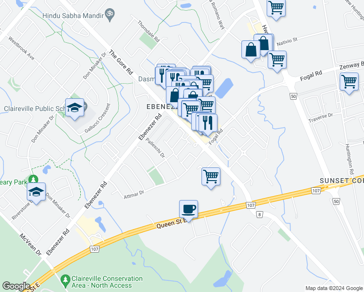 map of restaurants, bars, coffee shops, grocery stores, and more near 14 Faye Street in Brampton