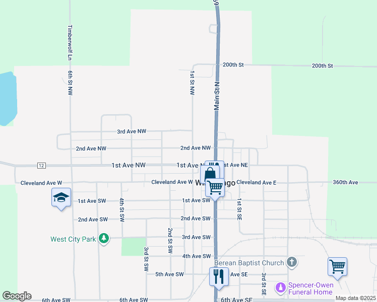 map of restaurants, bars, coffee shops, grocery stores, and more near 106 2nd Avenue Northwest in Winnebago