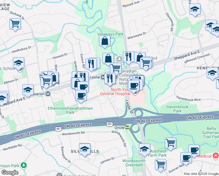 map of restaurants, bars, coffee shops, grocery stores, and more near 2756 Old Leslie Street in Toronto