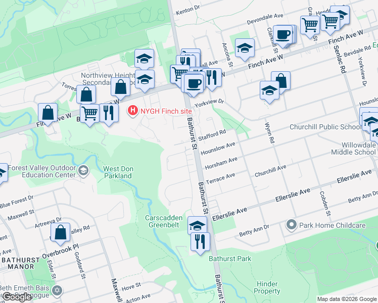 map of restaurants, bars, coffee shops, grocery stores, and more near in Toronto
