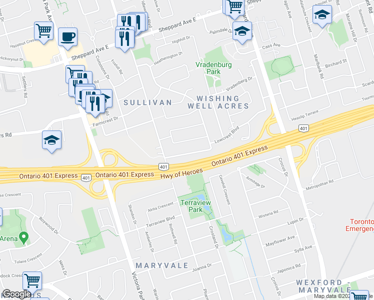 map of restaurants, bars, coffee shops, grocery stores, and more near 20 Wishing Well Drive in Toronto