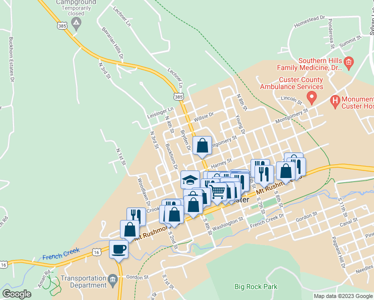 map of restaurants, bars, coffee shops, grocery stores, and more near 412 Bryden Drive in Custer