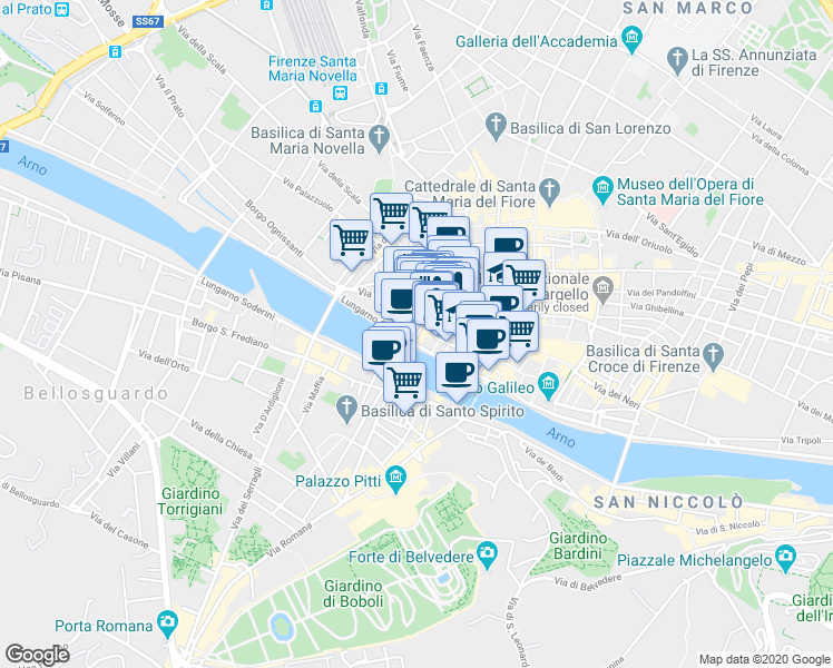 map of restaurants, bars, coffee shops, grocery stores, and more near 1 Via dè Tornabuoni in Firenze