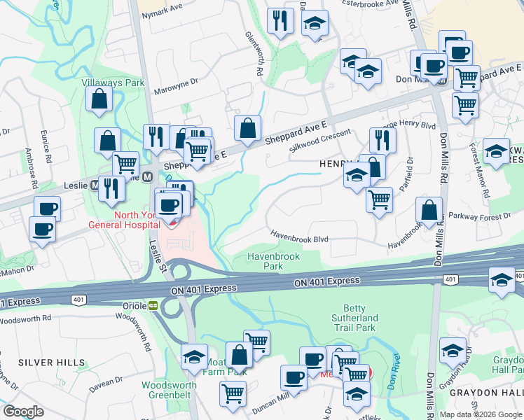 map of restaurants, bars, coffee shops, grocery stores, and more near 8 George Henry Boulevard in Toronto