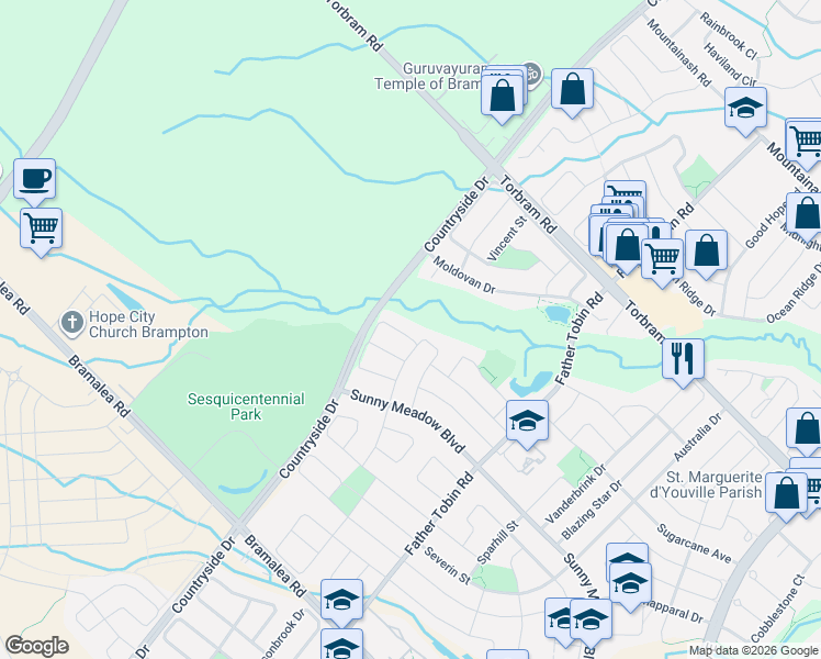 map of restaurants, bars, coffee shops, grocery stores, and more near 6 Keeleview Crescent in Brampton