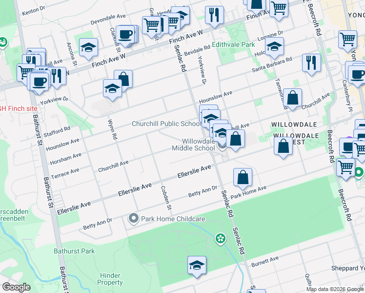 map of restaurants, bars, coffee shops, grocery stores, and more near 221 Churchill Avenue in Toronto