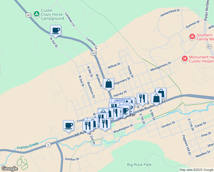 map of restaurants, bars, coffee shops, grocery stores, and more near 300 North 5th Street in Custer