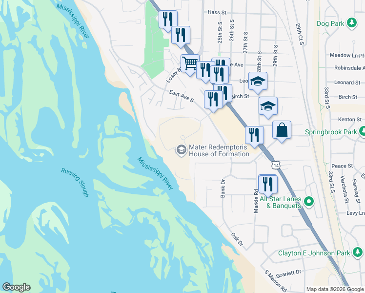 map of restaurants, bars, coffee shops, grocery stores, and more near 3710 East Avenue South in La Crosse