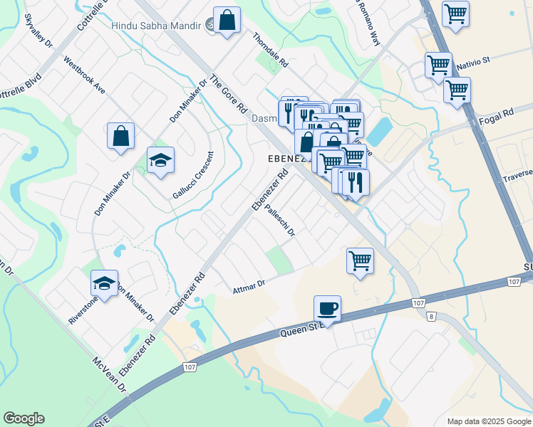map of restaurants, bars, coffee shops, grocery stores, and more near 12 Palleschi Drive in Brampton