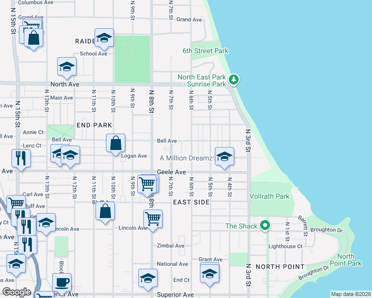 map of restaurants, bars, coffee shops, grocery stores, and more near 2319 North 6th Street in Sheboygan