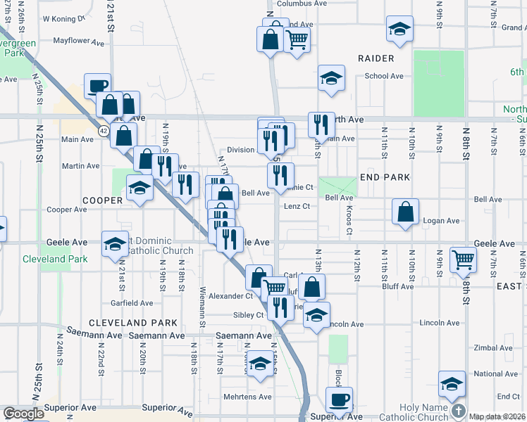 map of restaurants, bars, coffee shops, grocery stores, and more near 1535 John Court in Sheboygan